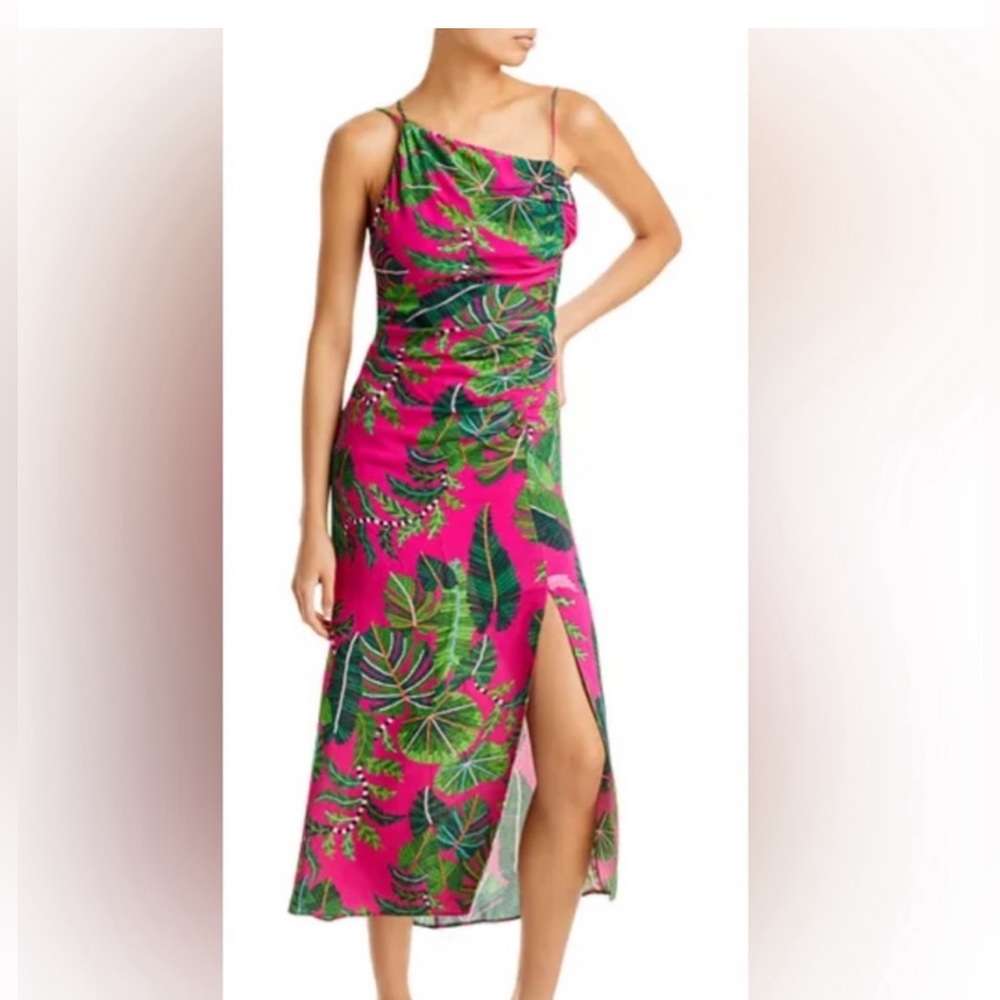 nwt Farm Rio Leaves Pink Midi Dress Front Slit Sz S Strappy Ruched Floral Green
